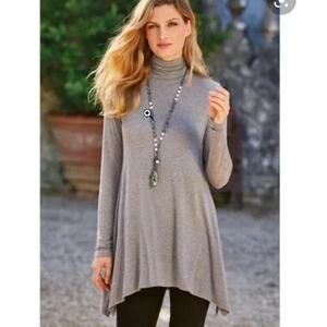 Soft Surroundings Timely Turtleneck Ruched Heather Gray Asymmetric Tunic Top M